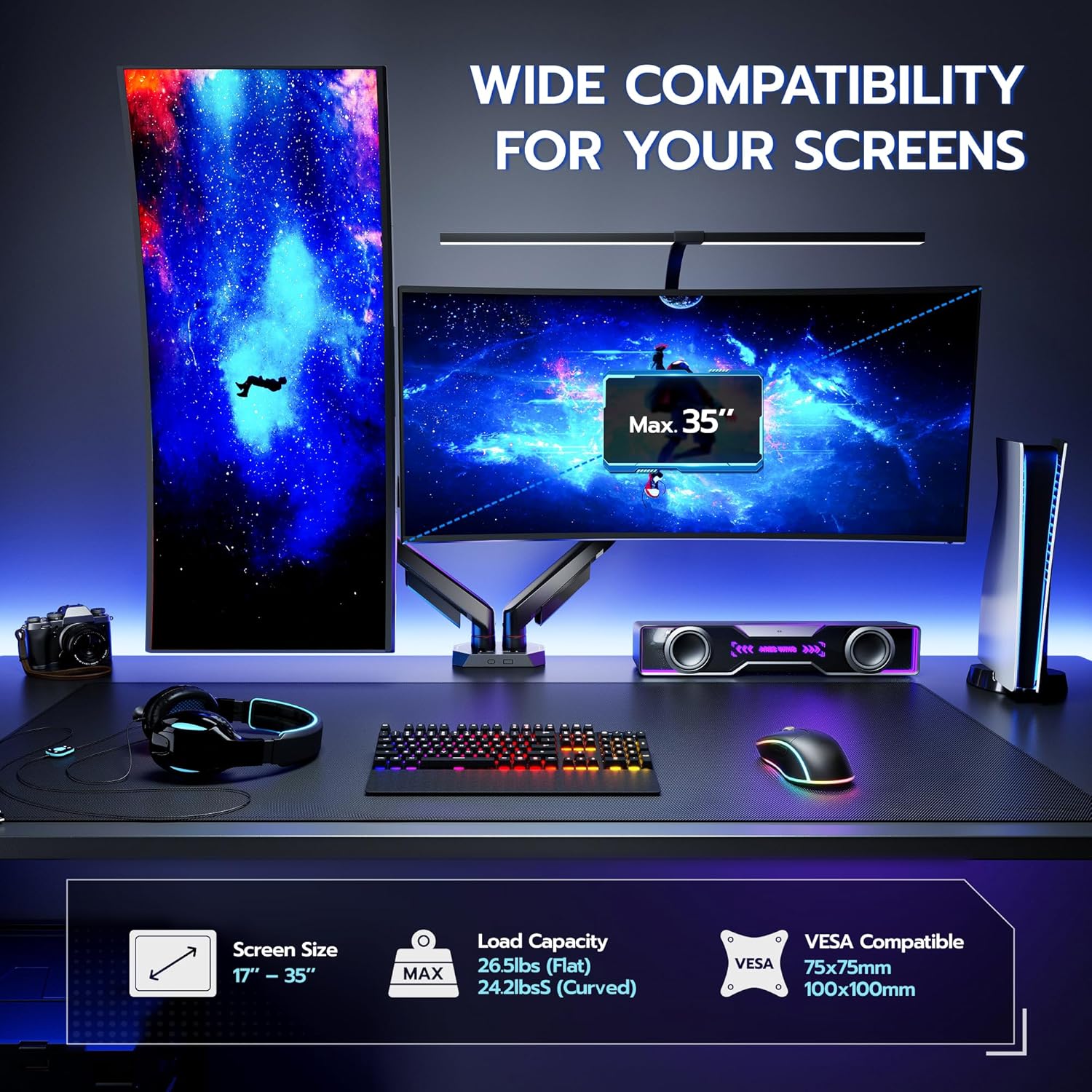 ARES WING Dual Monitor Arm for 17-35 Inch Flat Curved Ultrawide Screens Up to 26.5lbs, Fully Adjustable Dual Monitor Mount, C-Clamp & Grommet Base, 75/100 Vesa Mount, Black