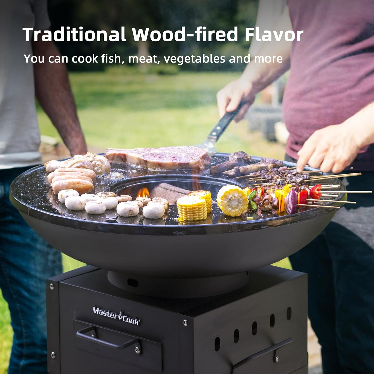 MASTER COOK Plancha Grill with Large Cooking Area, Round Charcoal Grill with Versatile Design as BBQ Grill and Fire Pit, Durable and Portable for Backyard, Camping and Party Use, 33.6"*15.7"*15.7"