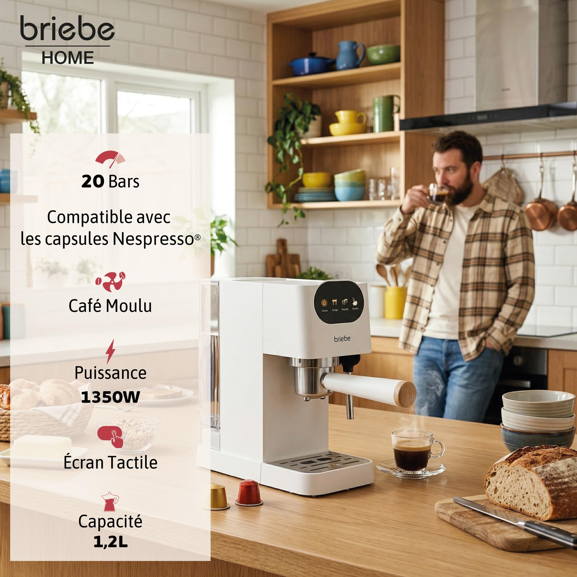 briebe Nordic Cafetera Espresso 20 Bares Compatible Cápsulas Nespresso y Café Molido, Máquina Café Semiautomática Profesional 1350W, Espumador Leche, Pantalla Táctil, 1,2L, Diseño Nórdico, Blanco - 4