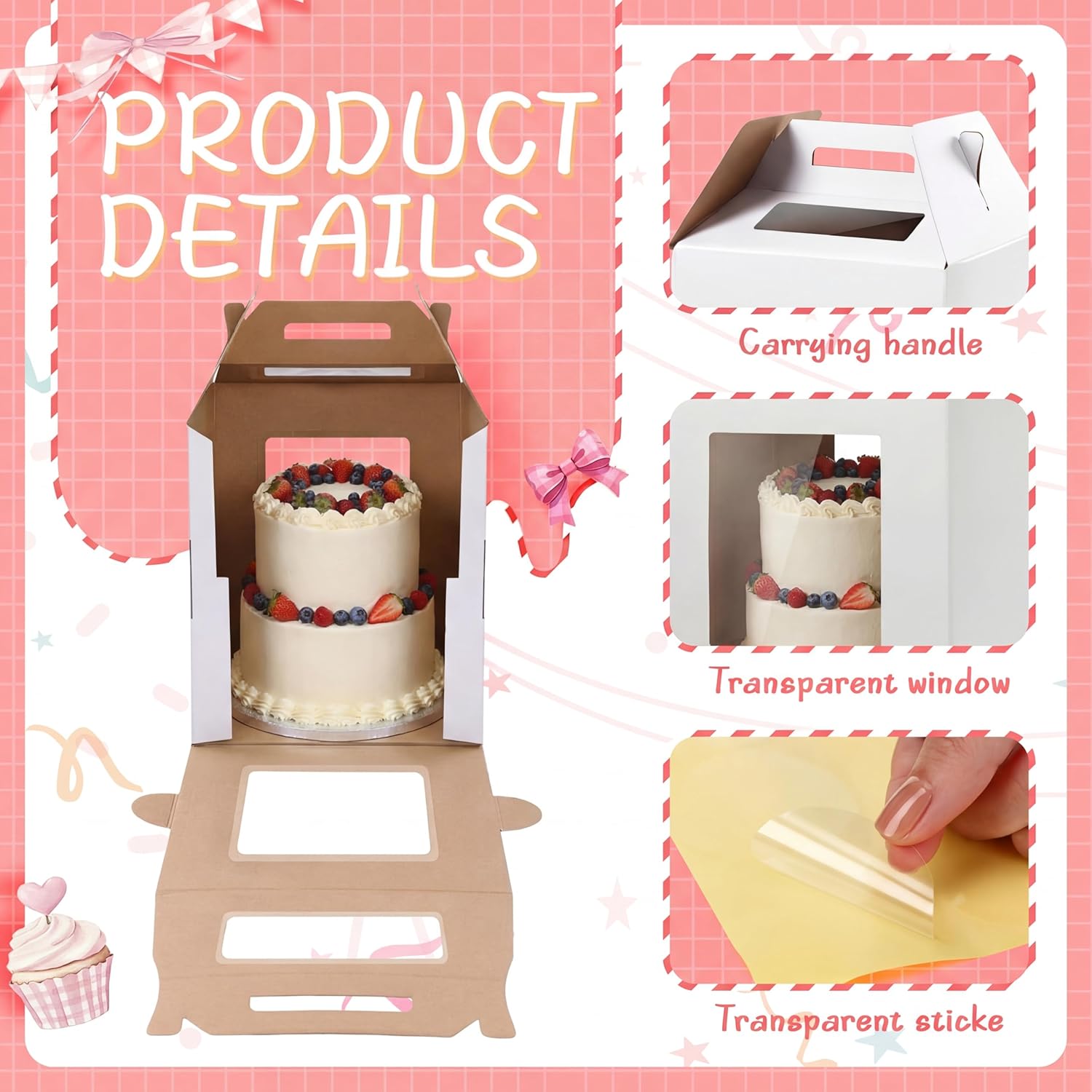 10 Packs Tall Cake Boxes 14 x 14 x 16 Inch with Window Boxes for Tier Cake Layer Tall Baking Carrier Large Tiered Bakery Take out Transport Containers with Handle for Wedding Birthday Party