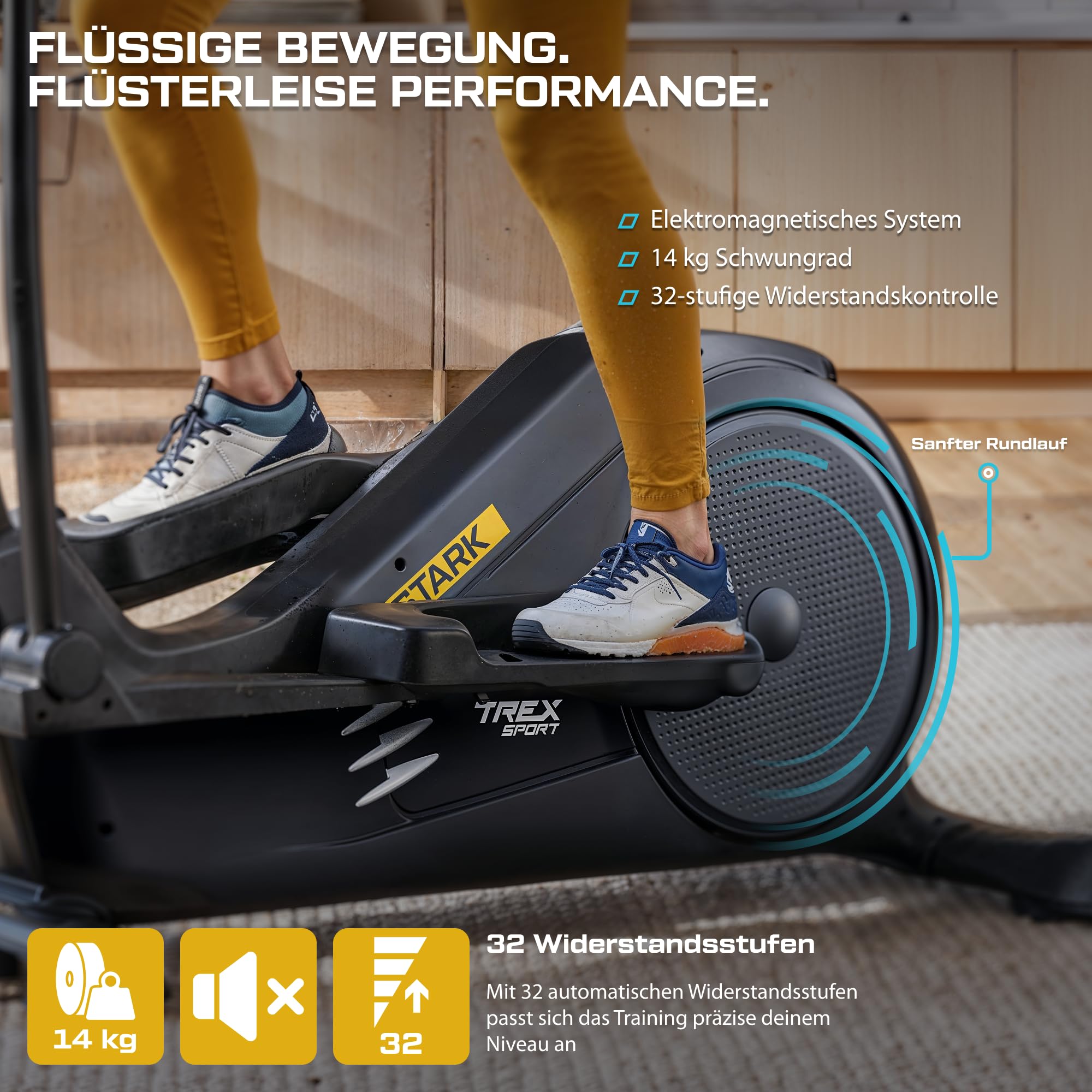 TREX SPORT Crosstrainer für Zuhause STARK bis 135kg Elektrisch 32 Stufen | TX-700ECT Ellipsentrainer mit Computer & Pulssensoren, Magnetbremssystem mit 32 Widerstandsstufen, 21 Programme
