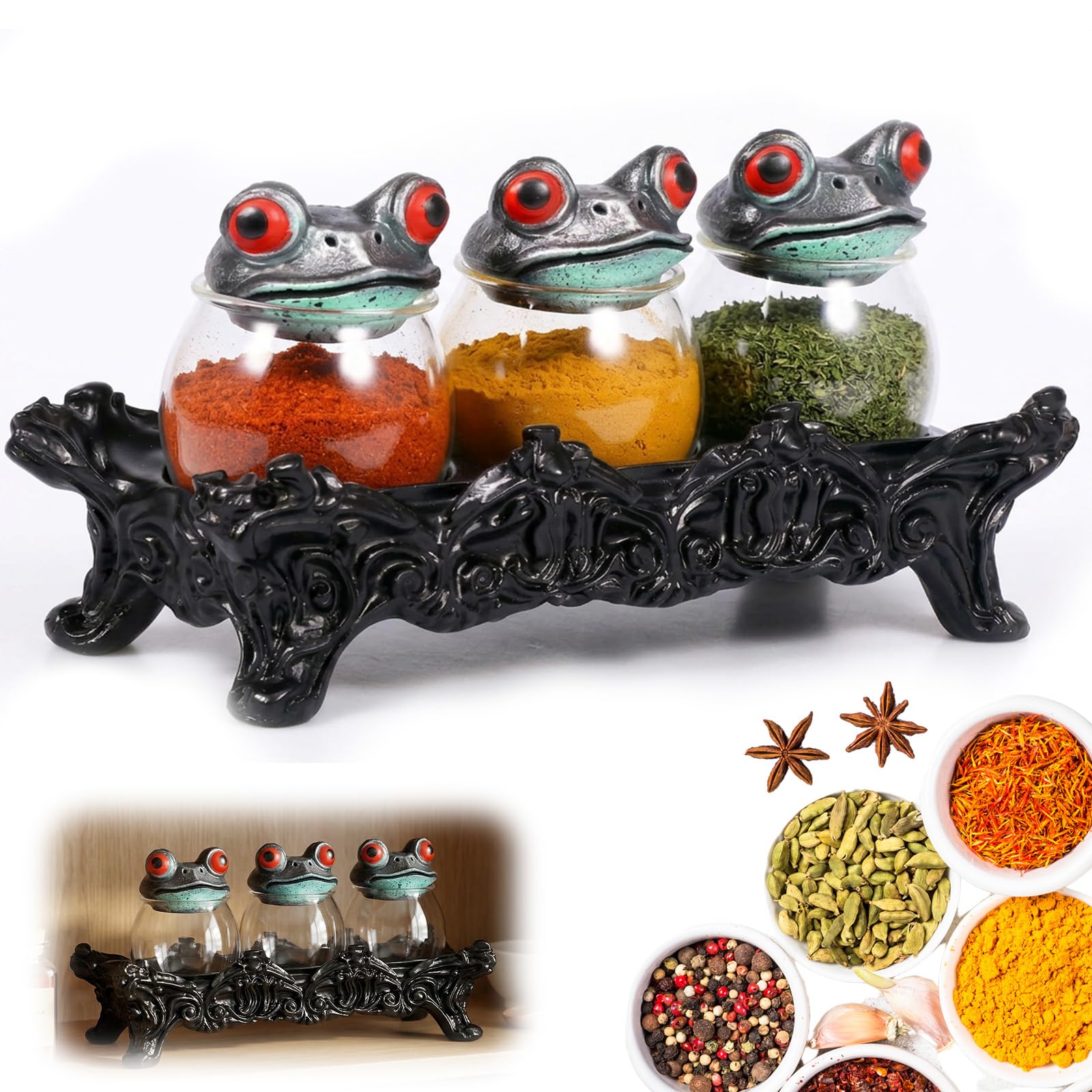 BOBASH Witchy Frog Apothecary Spice Jars Set of 3 with Non-Slip Tray, Vintage Glass Gothic Seasoning Container with Removable Resin Frog Lids for Storing Salt, Pepper, Herbs and Spices(black,3)