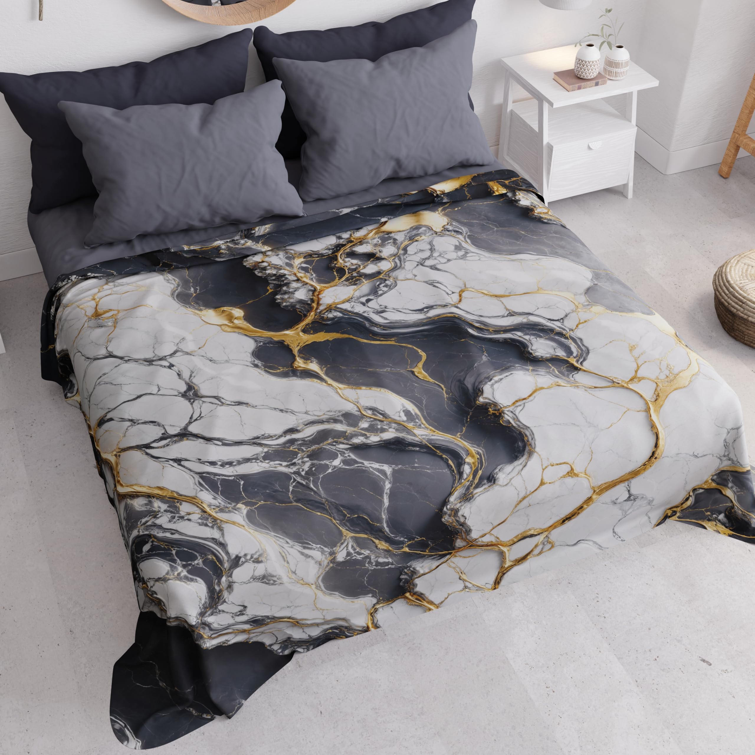 PETTI Artigiani Italiani - Couvre-lit 2 Places (260x260 cm) Printemps Été, Parure de Lit Légère Double, Draps de Lit 2 Personnes, Marbre Gris Foncé, 100% Fabriqué en Italie