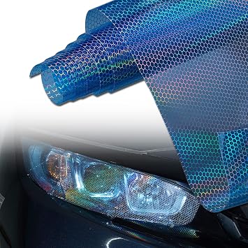 1 Roll Blue Holographic Laser Headlight Taillight Tint Honeycomb Graphic Chameleon Tail Light Lamp Cover Film Car DIY Self Adhesive Tint Film Sheet, 11.81 x 39.37