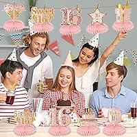 Vista 4 de Centros de mesa de panal de abeja para cumpleaños dulce 16 de chicas, 9 piezas de centro de mesa rosado dorado para cumpleaños de 16 años