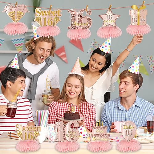 Miniatura 34 de Centros de mesa de cumpleaños de color oro rosa rosa para mujeres y niñas, 8 piezas de centros de mesa de feliz cumpleaños, suministros de fiesta