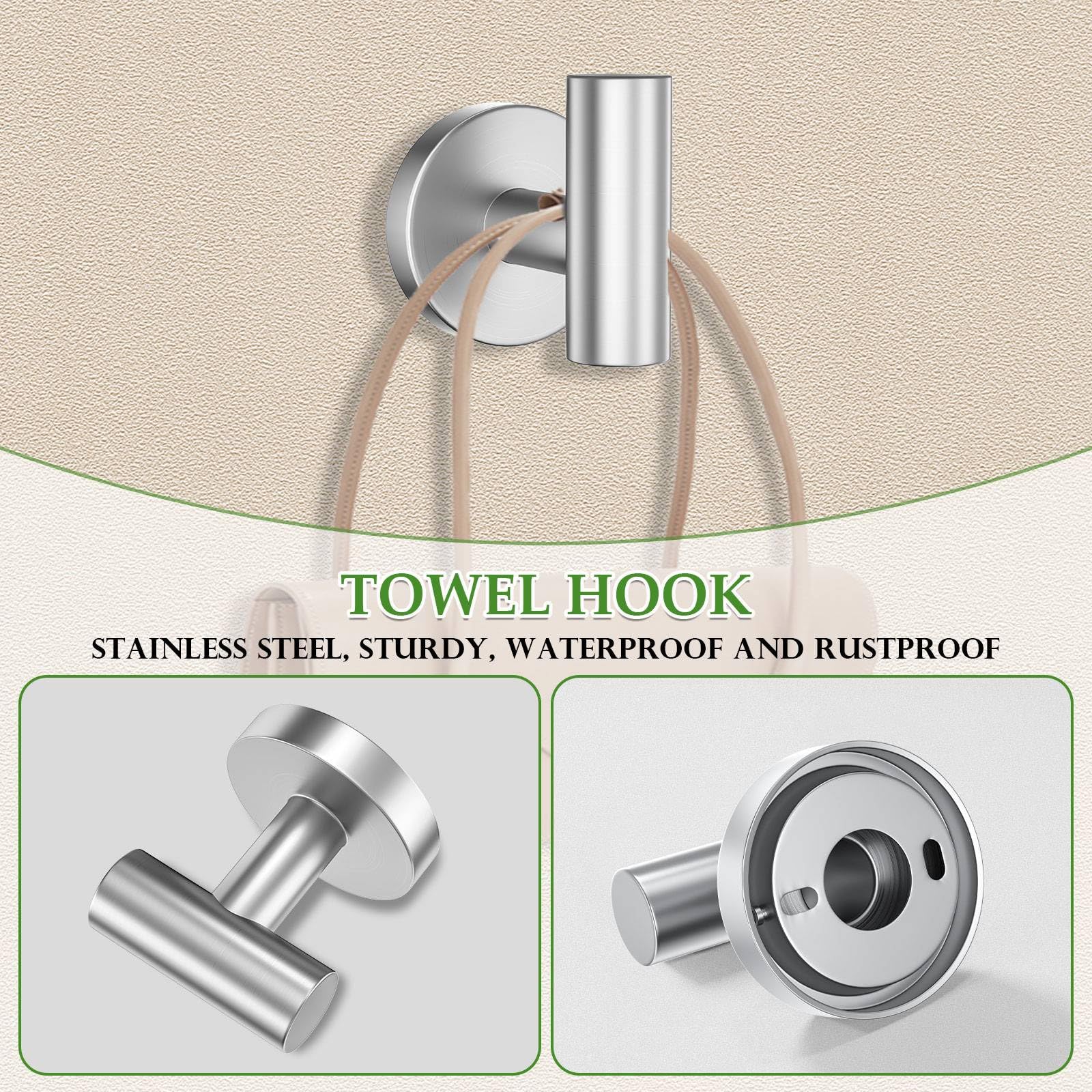 Set di 10 portasciugamani in nichel spazzolato, accessori per il bagno, include barra portasciugamani da 60 cm, anello per asciugamani rotondo e ganci in acciaio inox, set di portasciugamani da parete