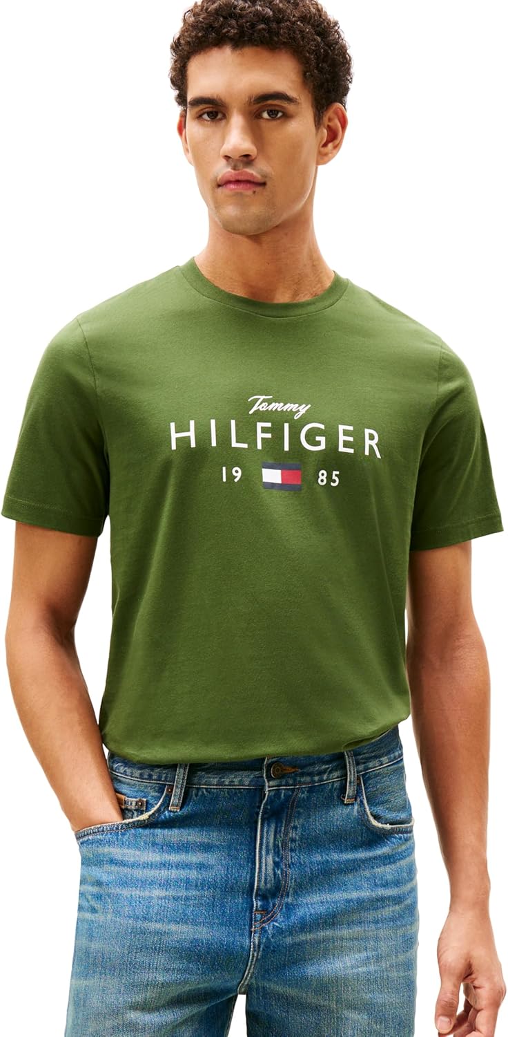 Tommy Hilfiger Men's Short Sleeve Cotton Graphic T-Shirts with Printed Script and Flag Logo