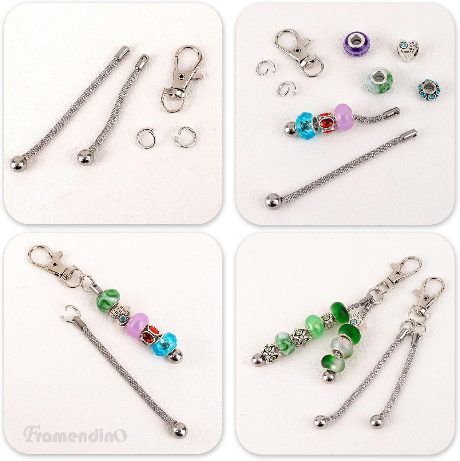 Framendino, 20 Pack Silver Beadable Keychains Bar 3mm Large Hole Bead Keychain Blank Metal Beaded for Pendant DIY Making Kit