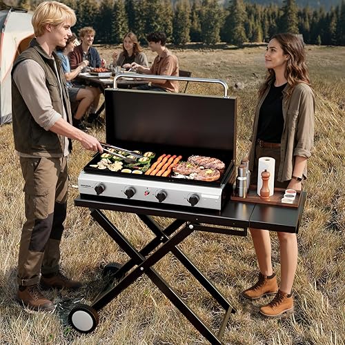Miniatura 7 de ROVSUN Plancha de propano plegable de 4 quemadores con ruedas, bandeja esmaltada y tapa, 40000 BTU parrilla de gas portátil con encendido