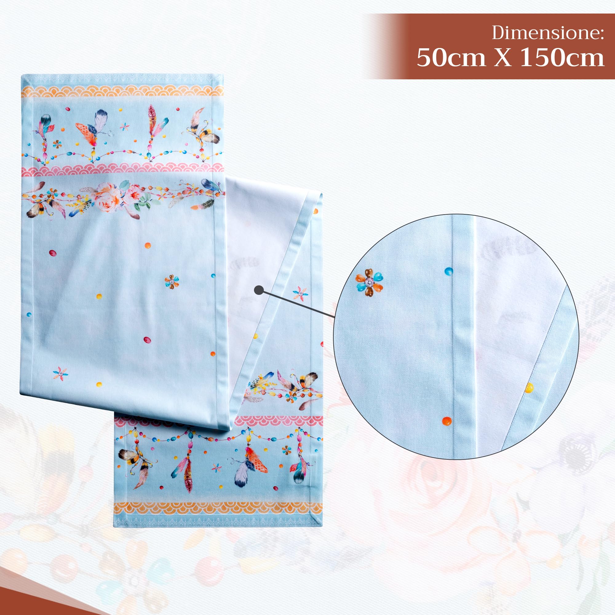 Runner Da Tavola Maison D'Hermine Ibiza – 50x150 Cm, 100% Cotone, Con Fiori E Piume, Blu, Per Cucina E Feste