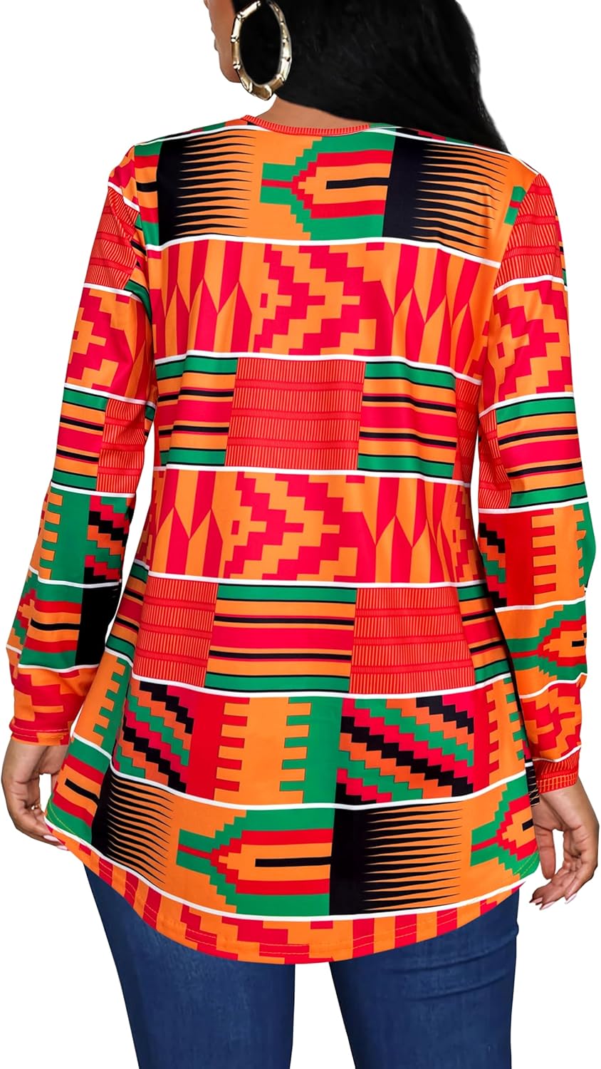 Afibi Women's Long Sleeve Henley T Shirts Button Down Loose Fit Tops Scoop Neck African Dashiki Shirts - Image 4