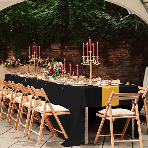 Miniatura 7 de Juego de 12 manteles de satén de 12 x 108 pulgadas y manteles de plástico de 53 x 108 pulgadas, manteles rectangulares desechables en negro y dorado