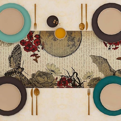 Miniatura 3 de Camino de mesa de lino retro cuervos para Halloween, cuervos, rosa negra, calavera, hongo, mariposa, decoraciones de Halloween, mantel para