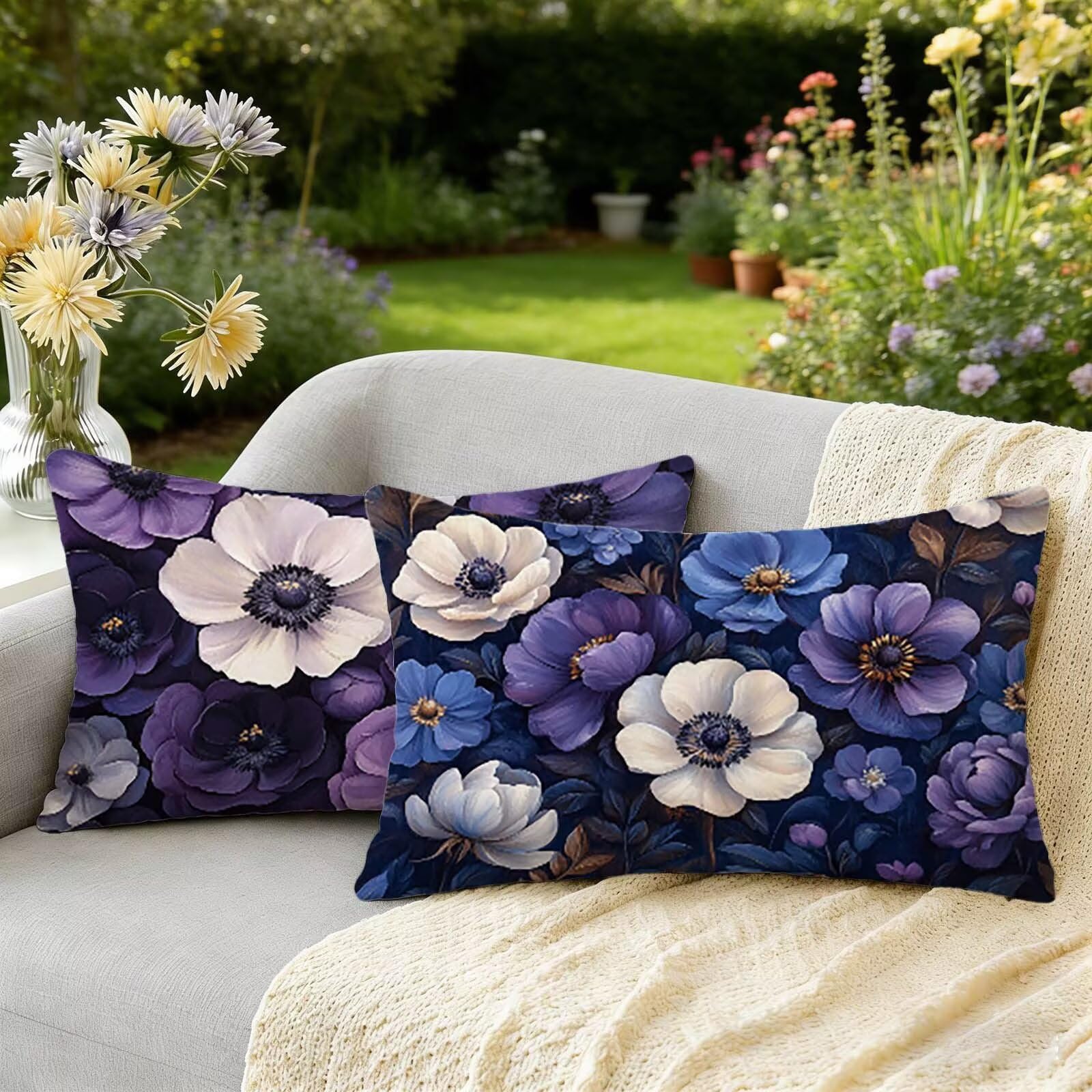 Coussin exterieur impermeable contre la pluie, lot 2 housses lin violettes pour canape terrasse
