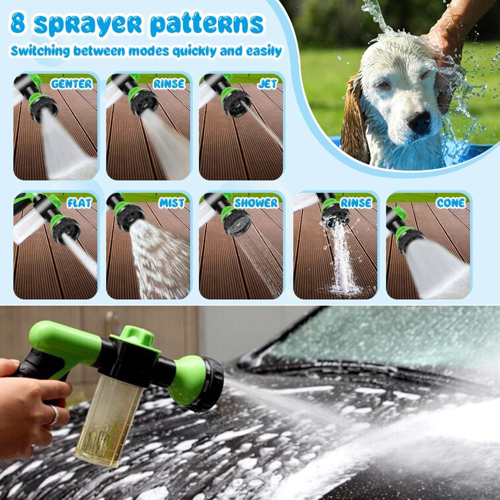 Pulverizador de Espuma - Manguera de Agua para jardín Boquilla de Espuma Pistola dispensadora de jabón con 8 Patrones de riego Ajustables para Lavado de Coches, Ducha de Mascotas(Yellow)