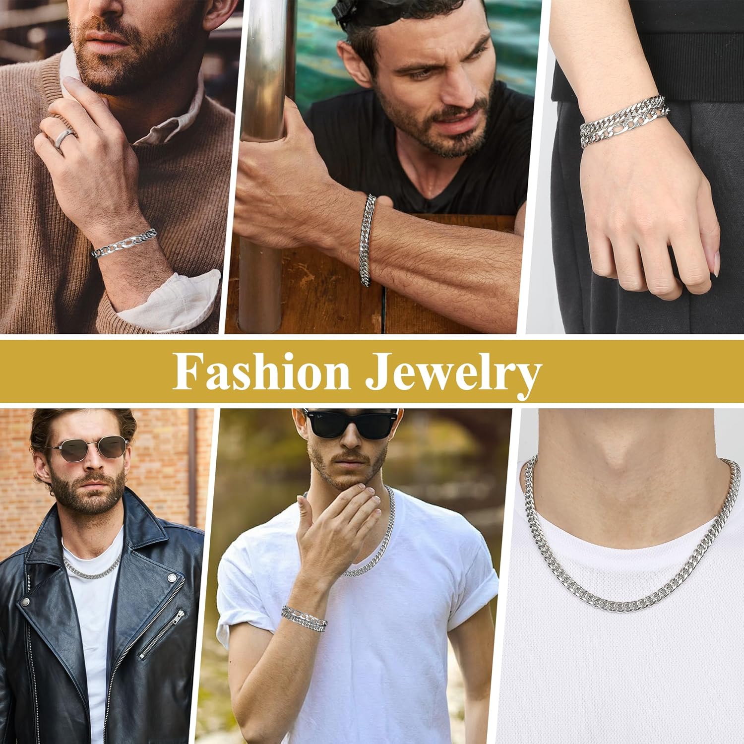 3PCS Cuban Link Figaro Bracelet Necklace for Men, Silver Gold Black Sturdy 316L Stainless Steel Cuban Link Figaro Chain with 2-inch Jewelry Set with Gift Message Card 8mm - Image 5