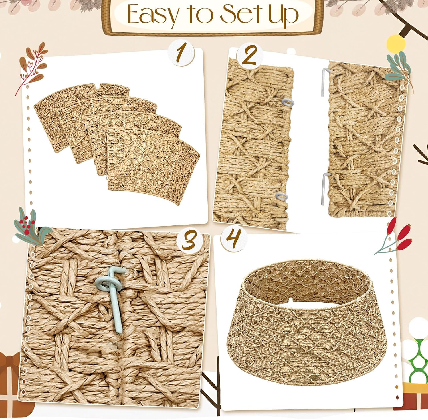 AerWo Christmas Tree Collar 24 Inch, Hand Woven Tree Collar with Paper Ropes Braided Wicker Tree Skirt, Rustic Rattan Christmas Tree Ring Basket Base Cover, Perfect Boho Farmhouse Xmas Decor, Natural