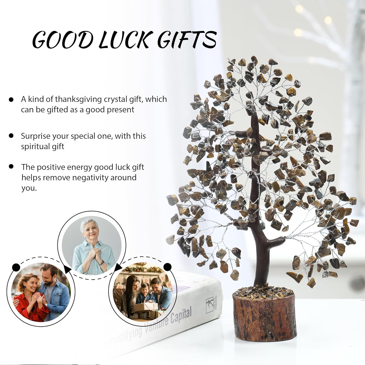 PYOR Tigers Eye, Healing Crystal Tree, Office Decor for Women, Gem Tree, Tiger Eye Stone, Good Luck Gifts, Money Crystal Stone, Positive Energy Decor, Gemstone Bonsai - Image 6