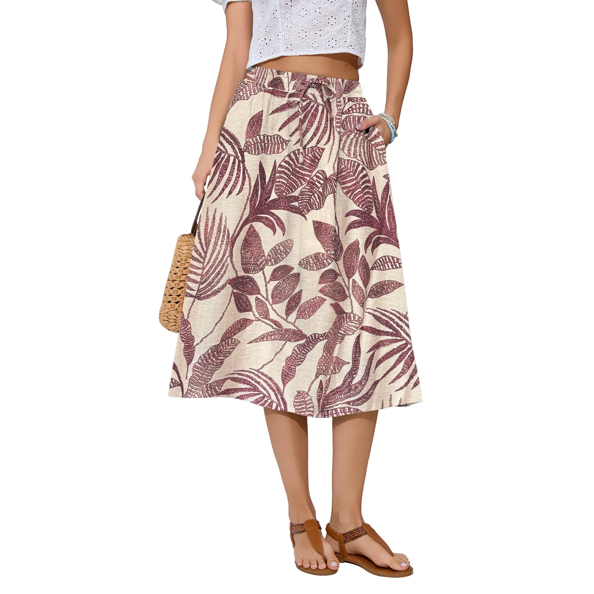 Witsmile Women's Summer Boho High Waist Pleated Flowy Midi Skirt