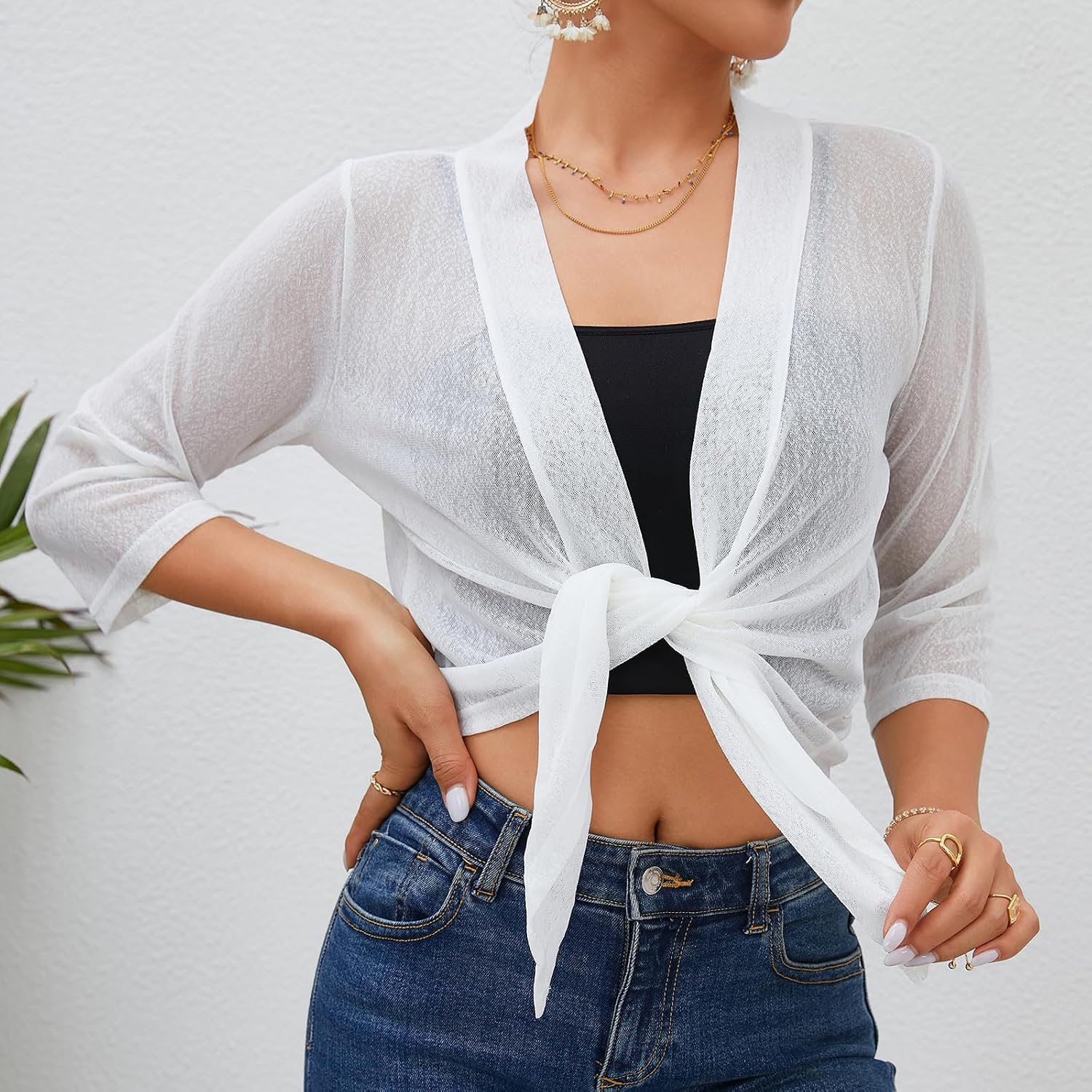 Women's Sheer Tie-Front Bolero Shrug for Dresses, 3/4 Sleeve | Sheer tie-front shrug for dresses