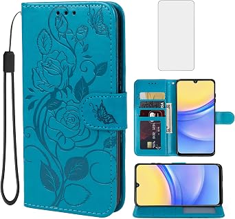 Case for Galaxy A16 5G, Samsung A16 Wallet Case with Tempered Glass Screen Protector, Flower Leather Flip Credit Card Holder Stand Phone Cover Cases for Samsung Galaxy A16 Blue
