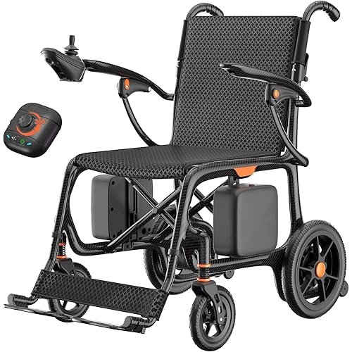 28lbs Ultralight Foldable 100% Carbon Fiber Electric Wheelchairs for Adults, FreeWink Rear Control 28 Miles Long Range Power Wheelchairs with 2 Lithium Batteries for All Terrain Airline Approved