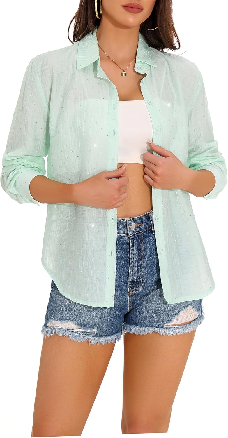 GUANYY Women's Sheer Button Down Shirt Rhinestone Sparkly Mesh Chiffon Blouse Long Sleeve Casual Top - Image 5
