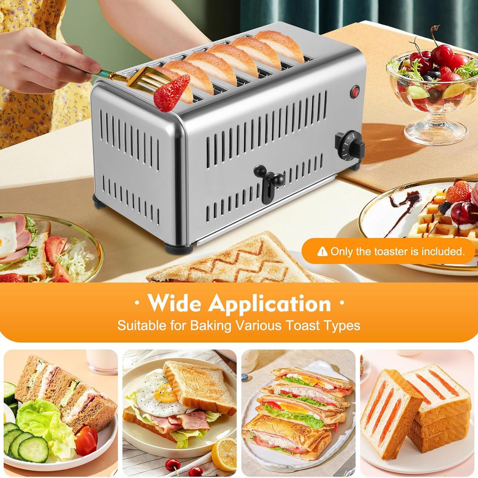 Tostadora Comercial, 6 Rebanadas Tostadora EléCtrica Emergente Comercial Tostadora de Acero Inoxidable Tostadora de Encimera 5 Minutos Tostadora RáPida con Bandeja Restaurante