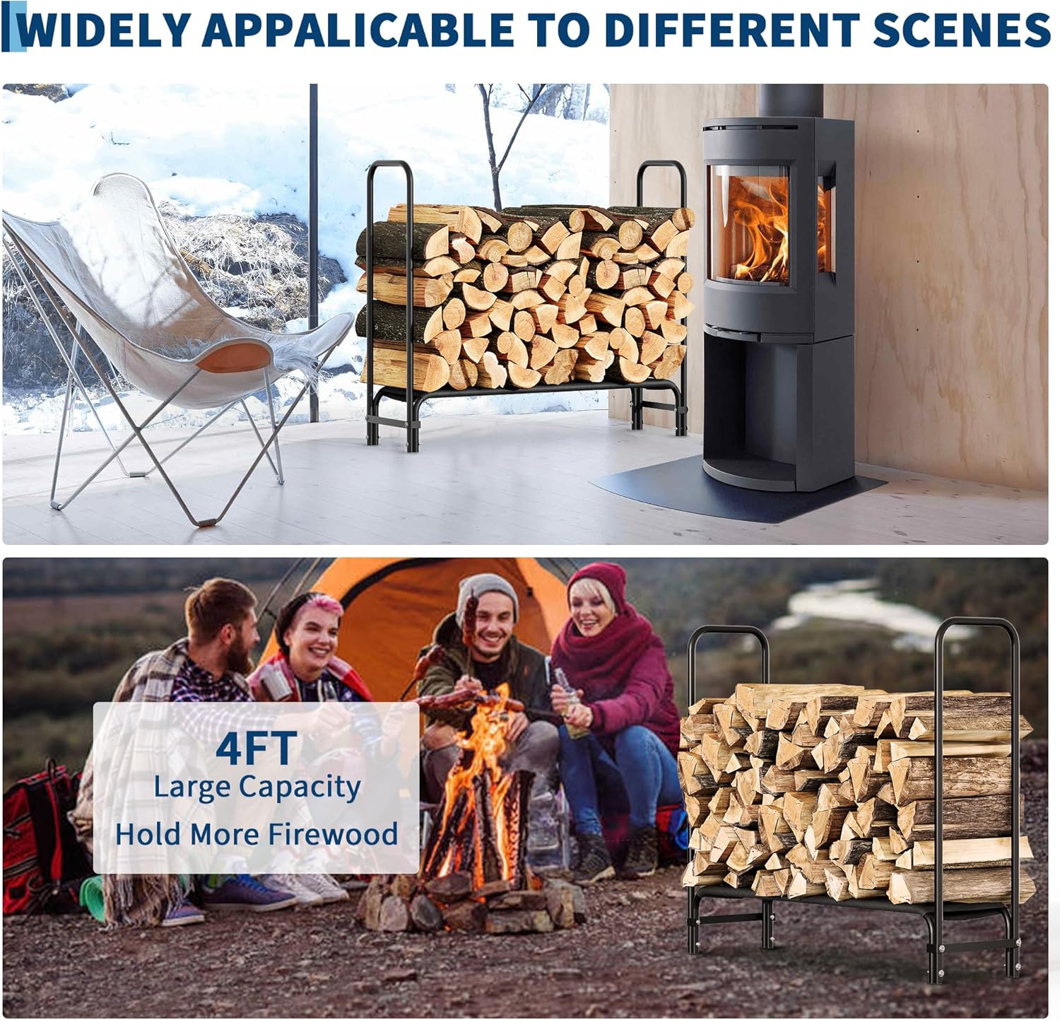 4FT Firewood Rack Holder, Adjustable Heavy Duty Fire Log Stacker Stand for Fireplace, Outdoor Indoor Metal Wood Pile Storage Organizer, Patio Logs Stand Tool, Black