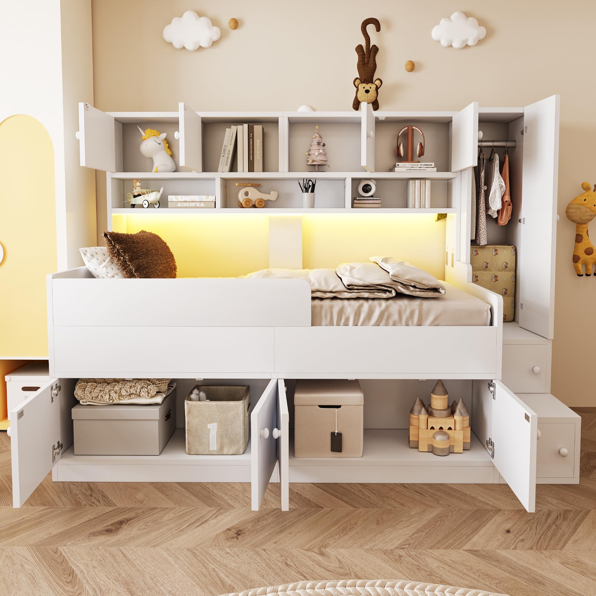 Kebnor Cama infantil de madera de 90 x 200 cm, con espacio de almacenamiento, estantes, armario y escalera de escalada sencilla, con iluminación LED, marco de cuna con barandilla de seguridad (color