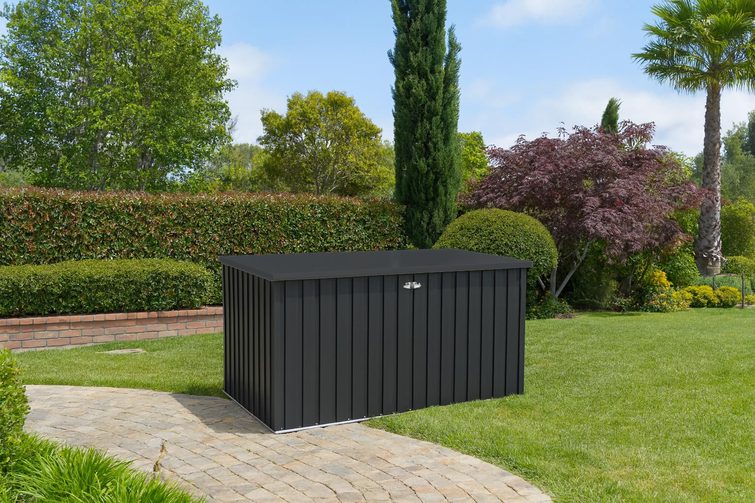 Duramax DH 1.9 (1450 L) Kissenbox aus Metall mit hydraulischer Gasdruckfeder und Vorhängeschlossöse, Terrassenbox und Gartenmöbelaufbewahrung für den Außenbereich, Anthrazit