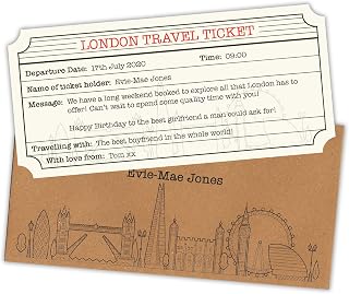 London Personalised Travel Ticket and Envelope. London themed ticket surprise holiday gift.