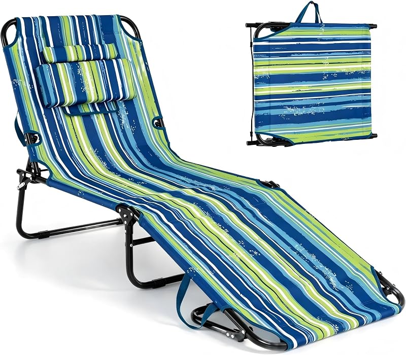 Tanning Chair, 330lbs Beach Lounge Chair with Face Hole, Washable Pillow & Carry Strap, Adjustable Folding Chaise Lounge, Layout Chair for Outside, Patio, Poolside, Lawn (1, Stripe)