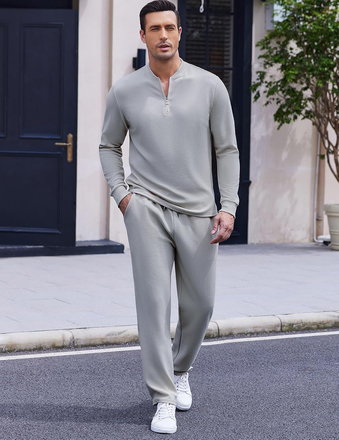 COOFANDY Men's 2 Piece Tracksuit Set Polo Athletic Sweatsuit Quarter Zip Jogging Long Sleeve Casual Sports Outfits