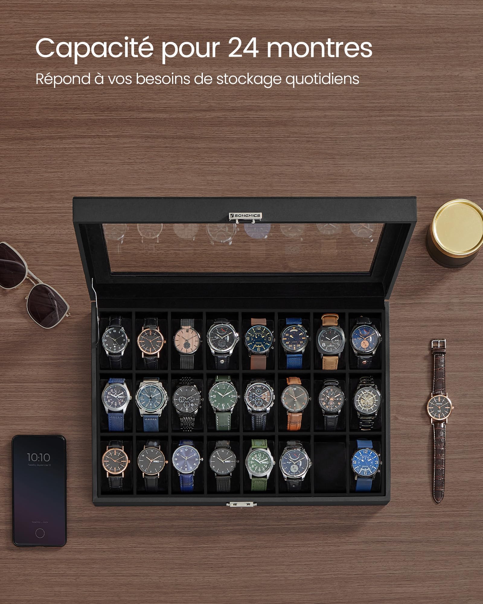 SONGMICS Boîte de rangement verrouillable pour montres avec 24 emplacements, couvercle en verre, cadeau pour vos proches, cuir synthétique noir, doublure noire d'encre JWB024B02