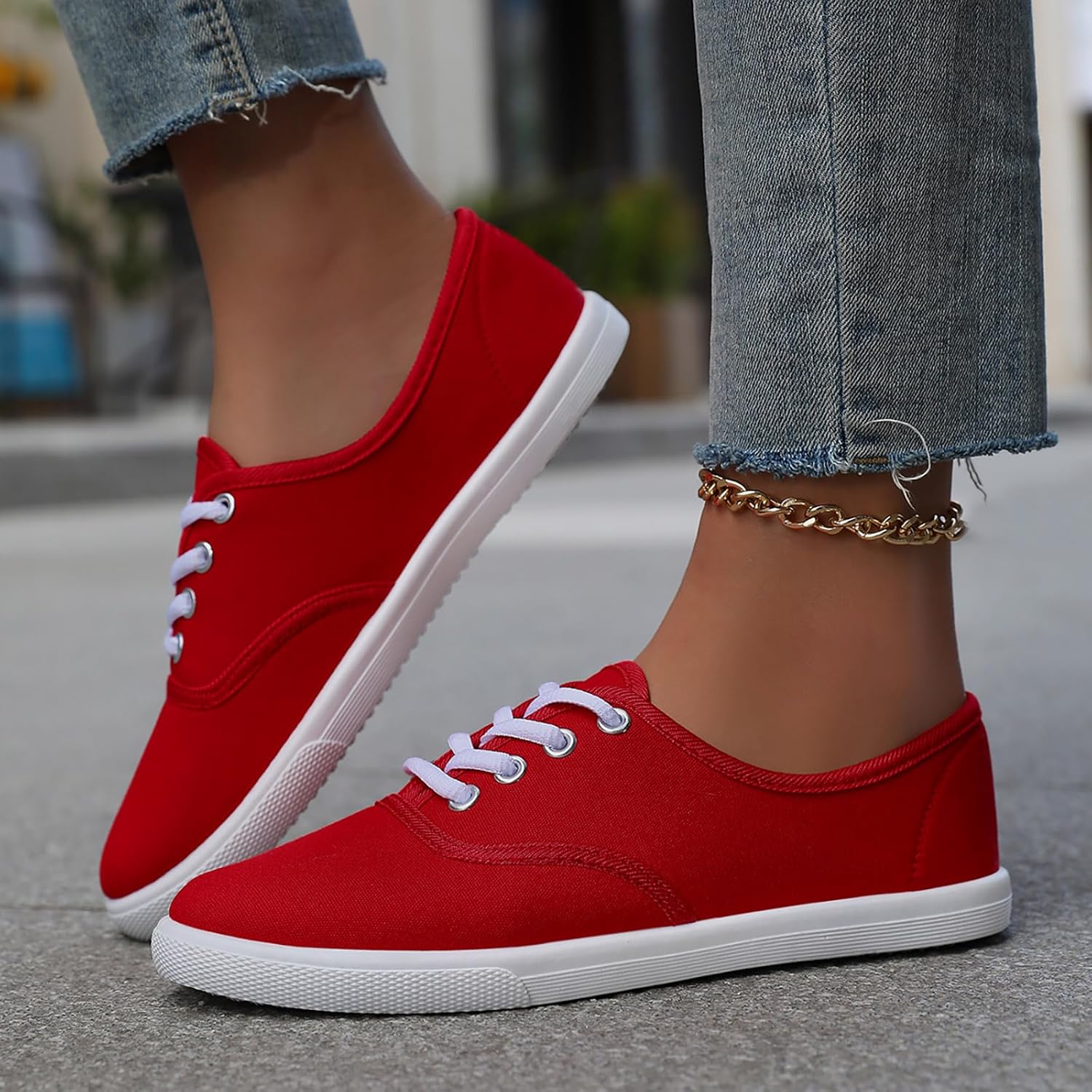 Women's Canvas Lace Up Sneaker Casual Low Top Sneakers Fashion Womens Tennis Shoes with Padded Insole Fashionable Comfortable and Versatile Solid Color Canvas Flat for Everyday Wear - Image 3