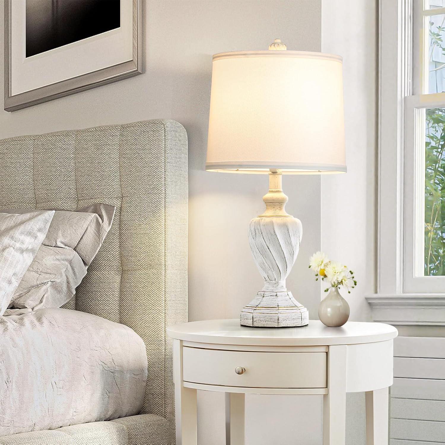 22.4" Farmhouse Table Lamps for Bedrooms Set of 2, Rustic Resin End Table Lamps for Living Room Gold Trim Base, Bedside Nightstand Lamps, Bulbs Included
