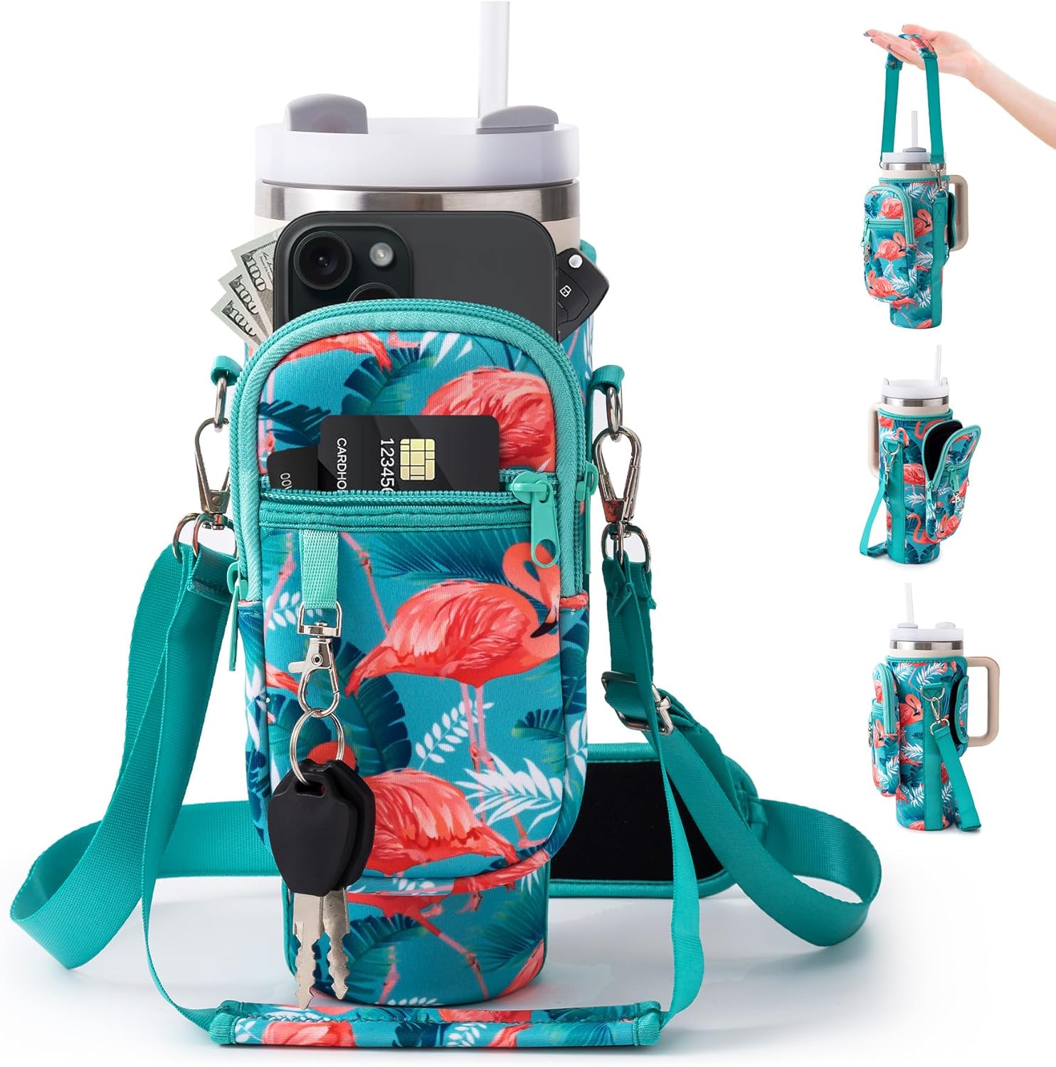 linmaya Water Bottle Carrier Bag for Stanley Cup 40/30oz with Phone Holder Pocket, Neoprene flamingo Water Bottle Cross-body Carrier Bag with Adjustable Shoulder & HandStraps