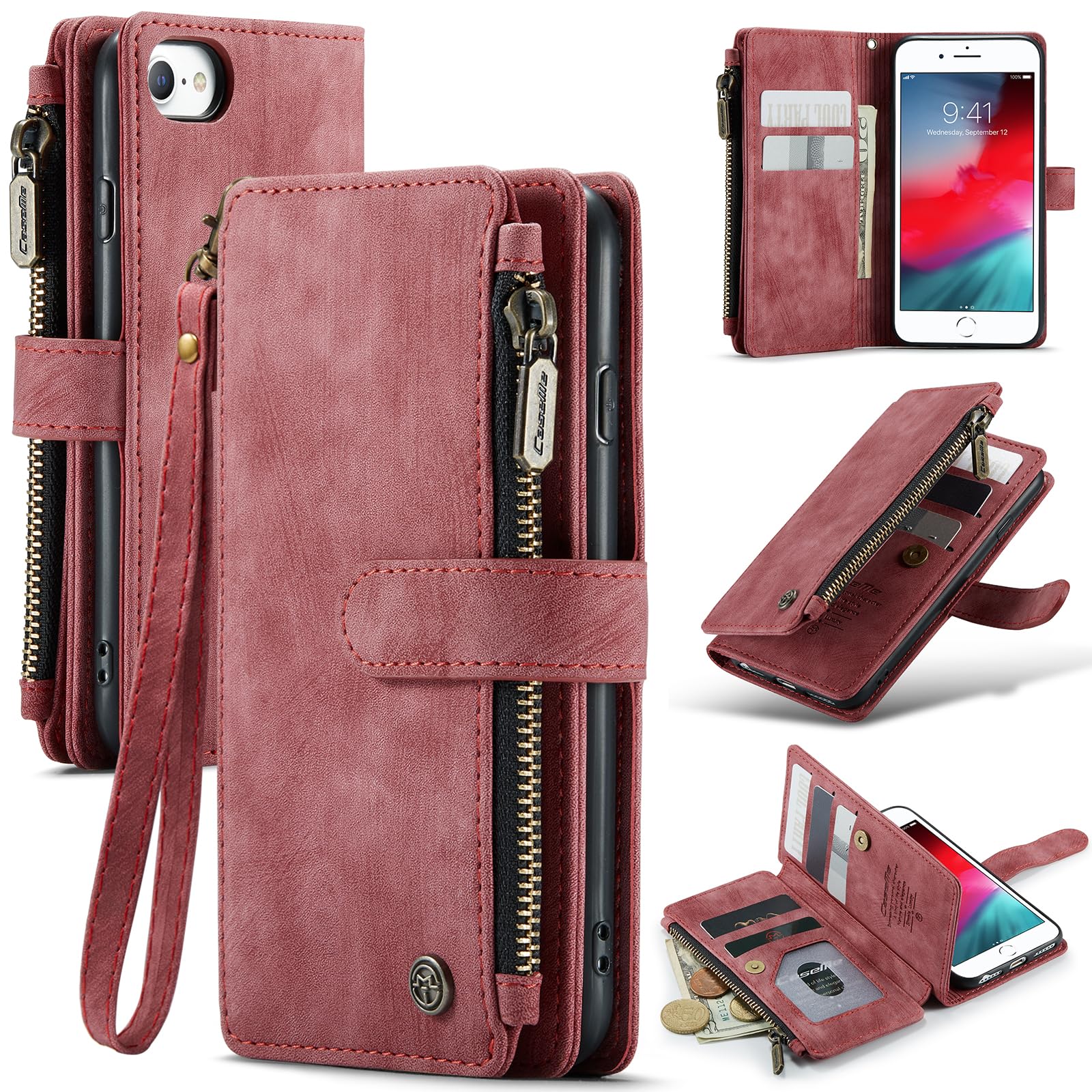 ELEPIK for iPhone 6/7/8/SE2/SE3 Wallet Case with Card Holder, Kickstand, Wristlet for Women Men, Durable PU Leather Magnetic Wallet Phone Case for iPhone 6/7/8/SE2/SE3, Elegant Red