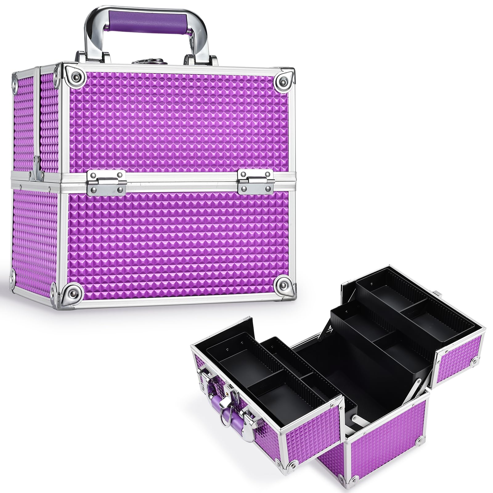 Frenessa Make-up-Box, Kosmetikkoffer, Schmuck-Organizer, Schmink-Aufbewahrungsbox, Schönheits-Zugkoffer, abschließbar, mit Schlüsseln, violett