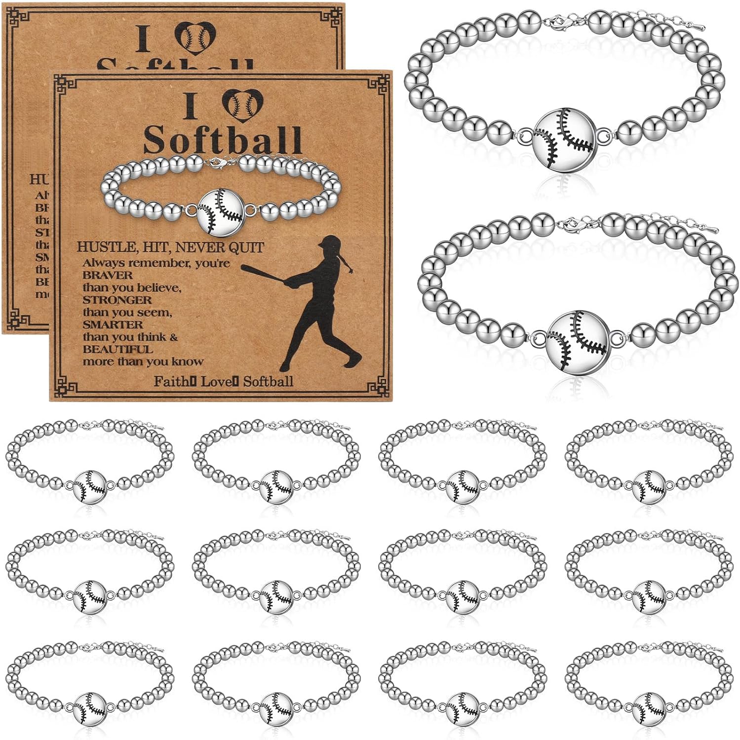 20 Pcs Softball Bracelet Bulk Team Gift Sport Party Favor Sport Bead Ball Charm Bracelet with Inspirational Card