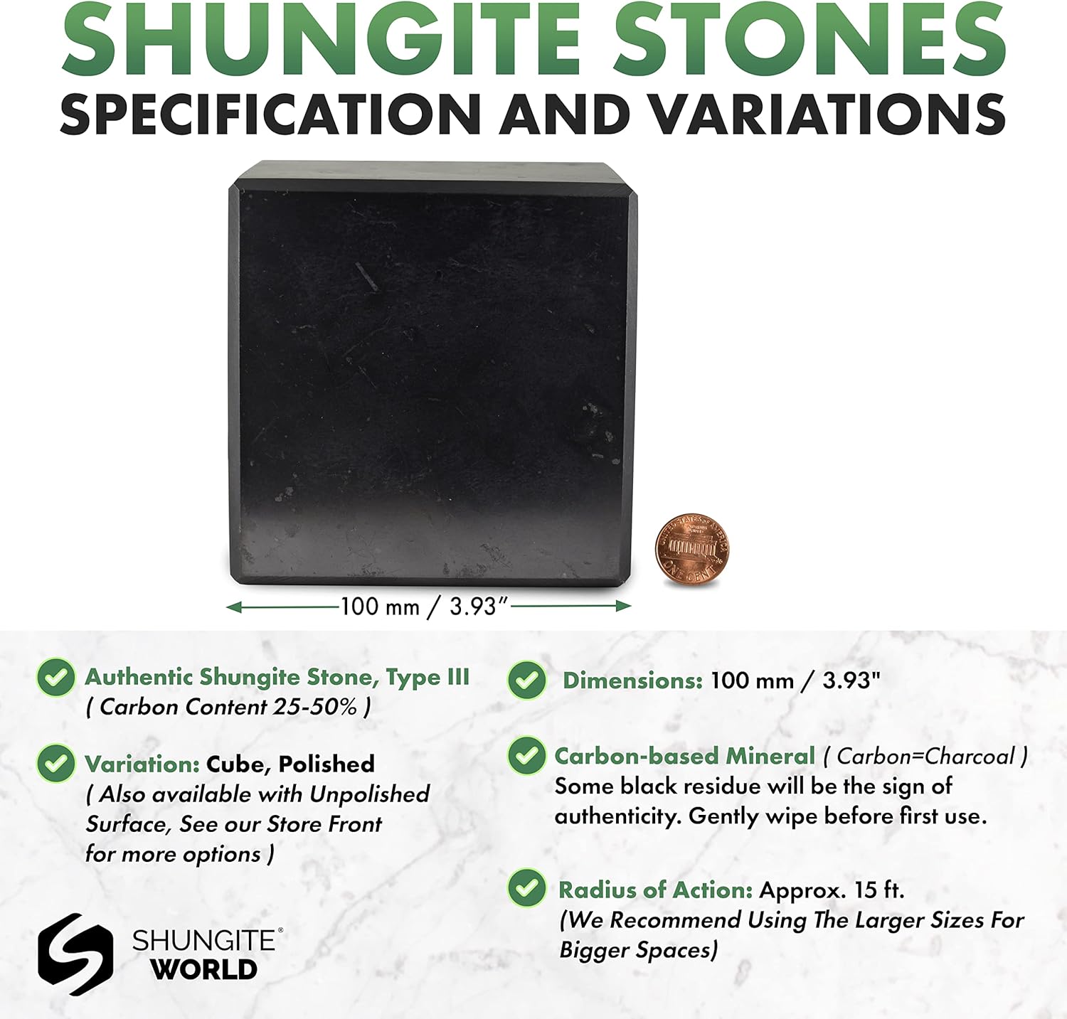 Shungite World Authentic Shungite Cube Polished 100 mm / 3.93" Chakra Energy Natural Healing Crystal Real Black Cube Home Office Protection Desk Decor Meditation Reiki Grounding Stone