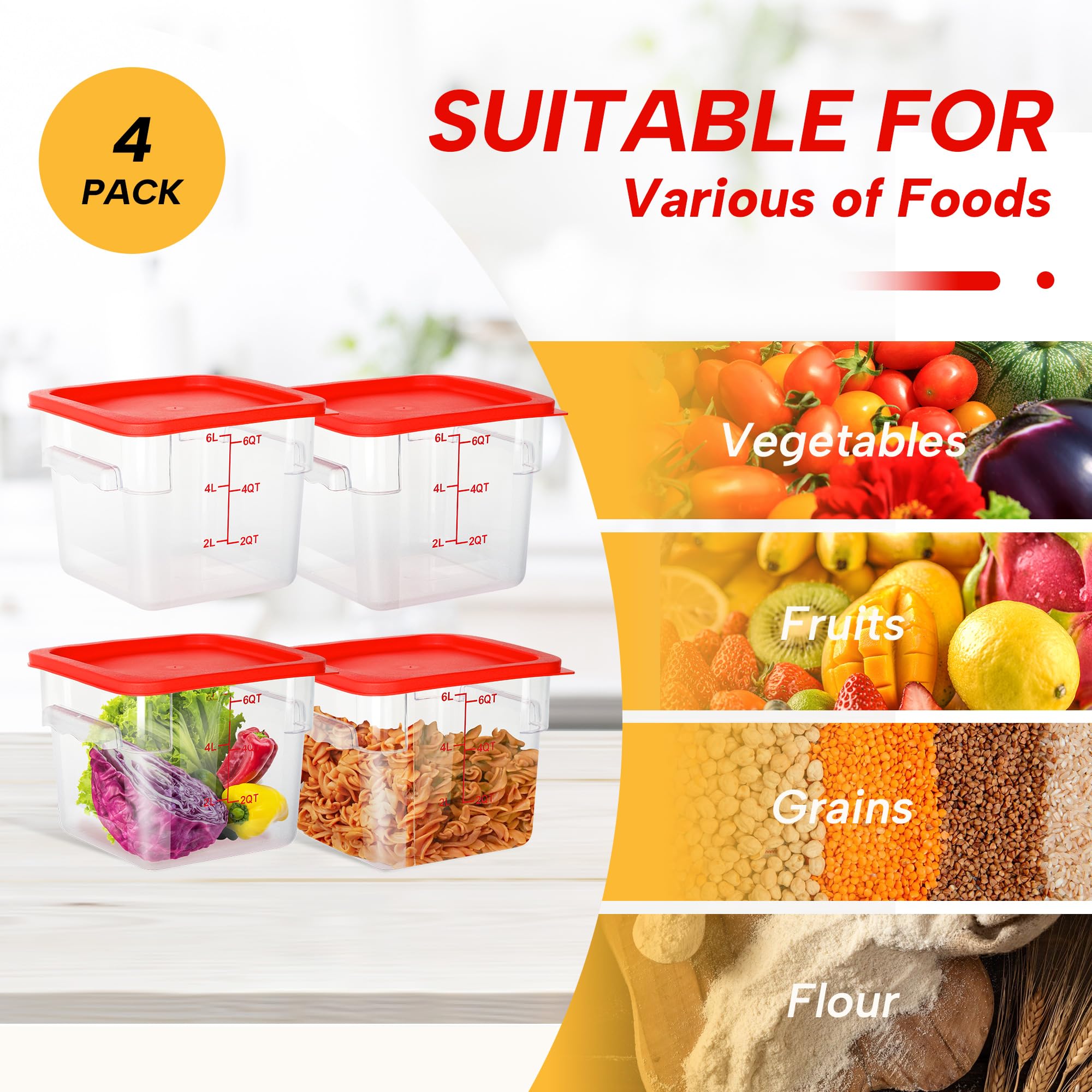 Lot de 4 boîtes de conservation alimentaire de 6 litres avec couvercles, organisation alimentaire NSF, carrées, transparentes, polycarbonate