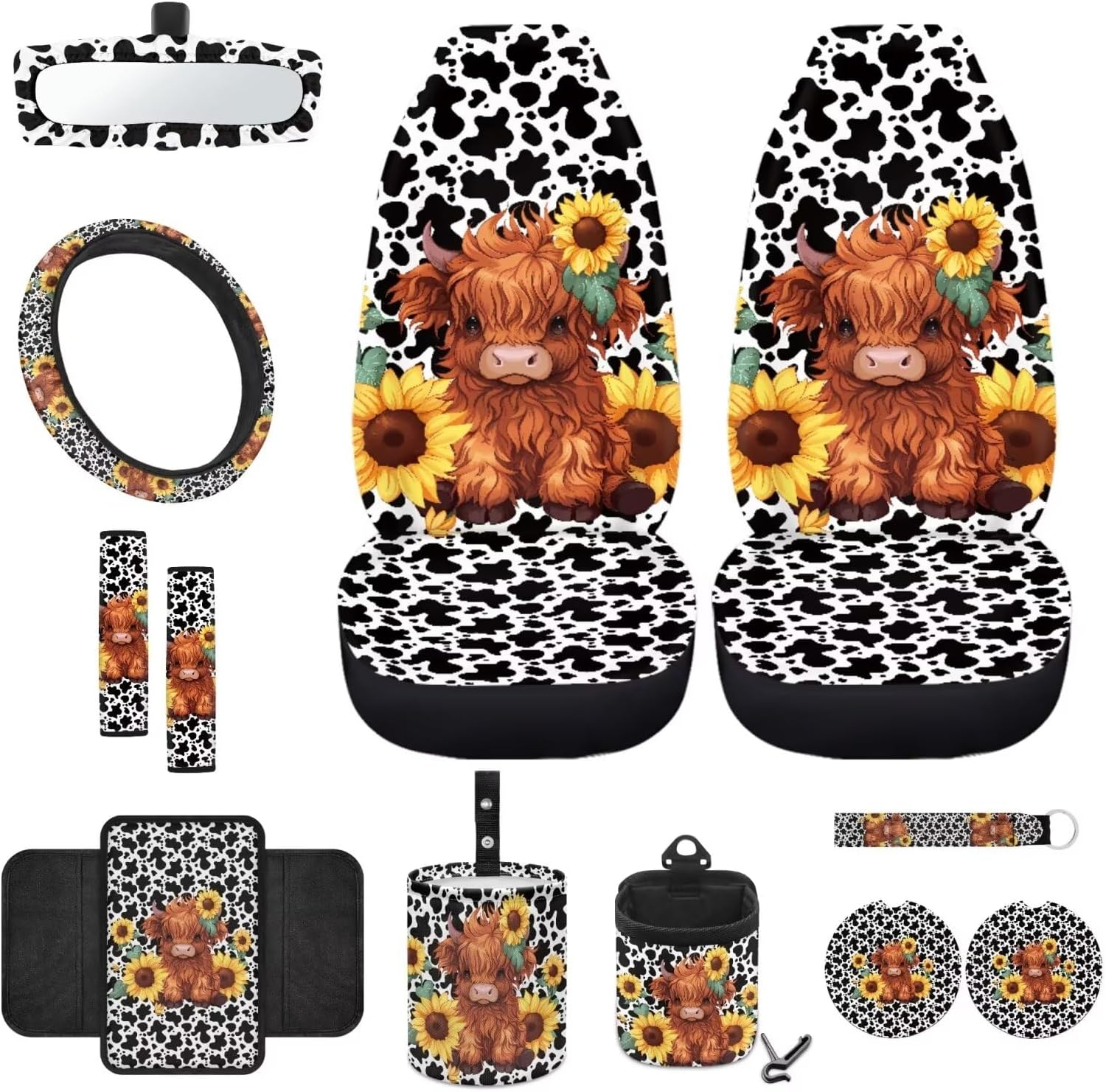 Wanyint Highland Cow 12 PCS Front Car Seat Cover Set with Steering Wheel Cover Seat Belt Strap Protector Armrest Box Mat Cup Holder Trash Bag Air Vent Storage Pocket Rear View Mirror Cover Keychain