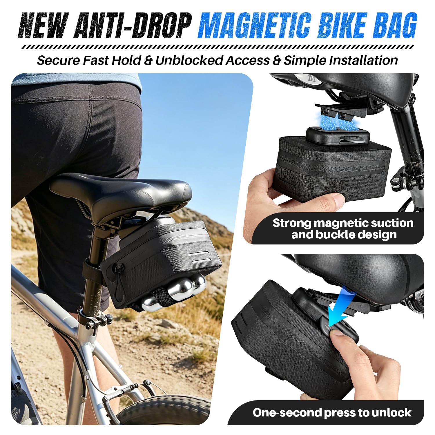 WOTOW Sacoche de Selle de vélo - Sac de Selle étanche de 0,64 L avec Fermeture éclair, Attache à Boucle magnétique à dégagement Rapide et Supports de Montage pour vélo de Route et VTT