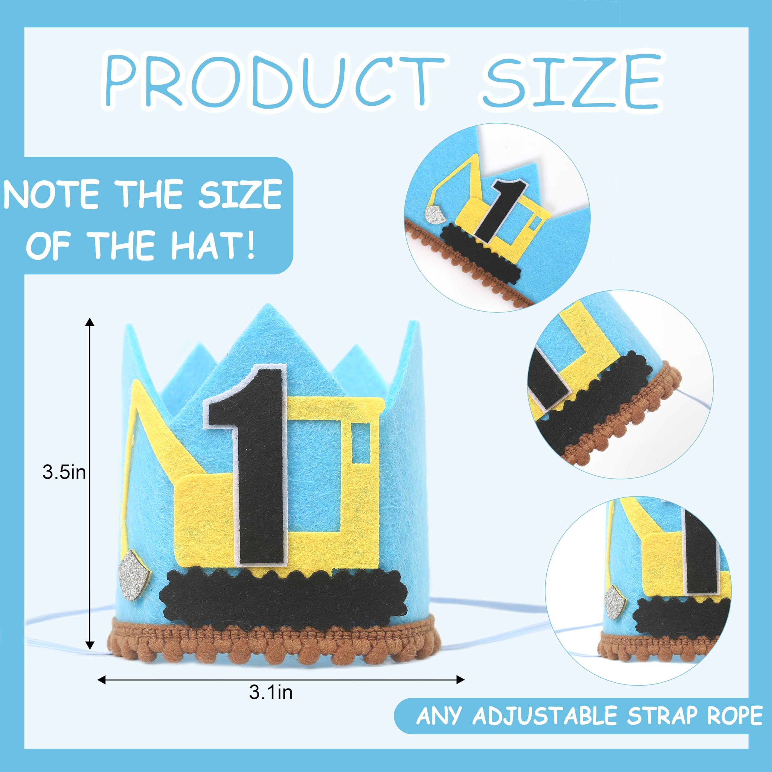 HGFC 1st Birthday Crown For Boys - Excavator Birthday Party Supplies?1st Birthday Photo Shoot Props?Babys' Party Headwear For 1st Birthday?First Birthday Cake Smash Decor