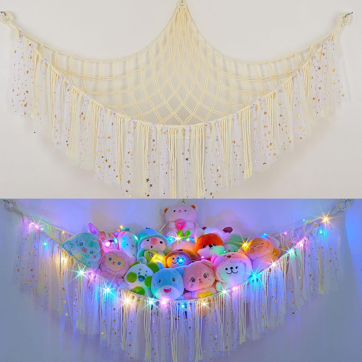 FIOBEE Stuffed Animals Net LED Light Toy Hammock for Kids Bedroom Storage