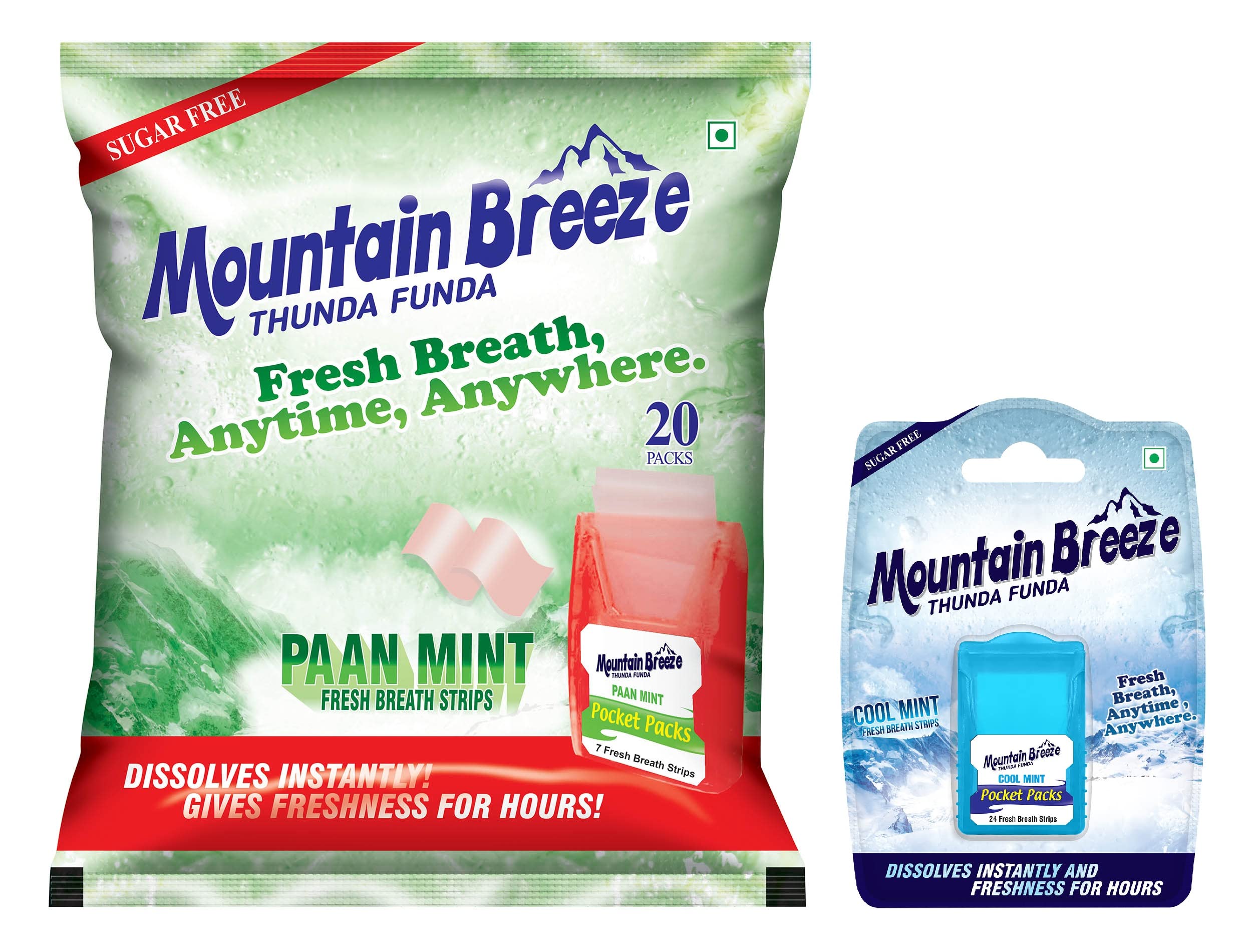 Mountain BreezeOral Hygiene Mouth Freshener Sugar Free Paanmint (7Strips per Cassatte) and Spearmint(24Strips per Cassatte) Flavoured Breath Strips -Pack of 2(20,1 Cassette).