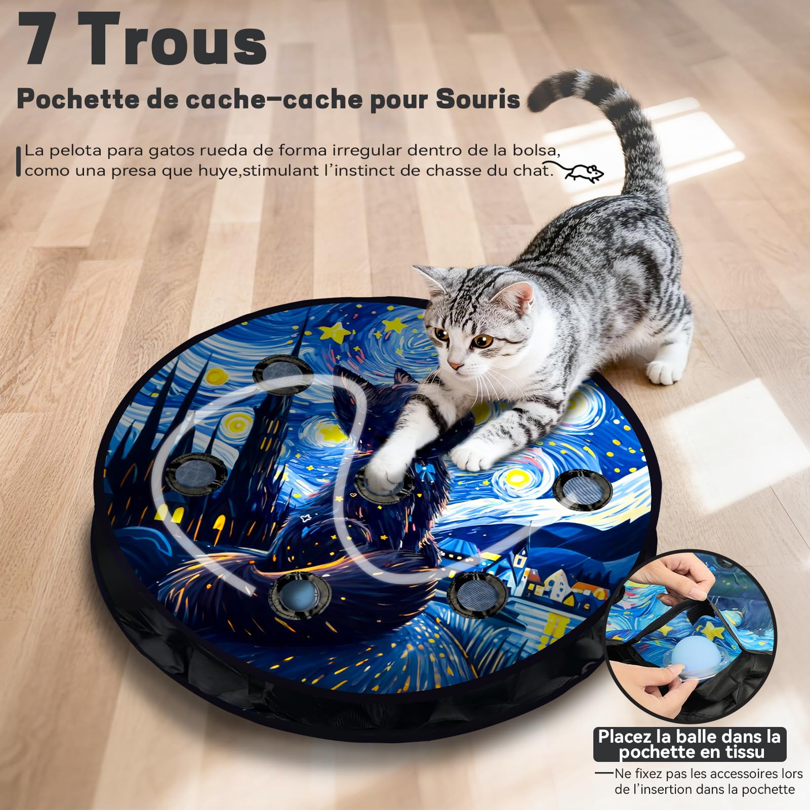 Jouet interactif pour Chat avec 7 Trous, Sac de Tapis de Labyrinthe, Jeu de cachette Mobile Automatique avec Queue en Plume, Jeu de Capture de Souris, Cadeaux pour Chat